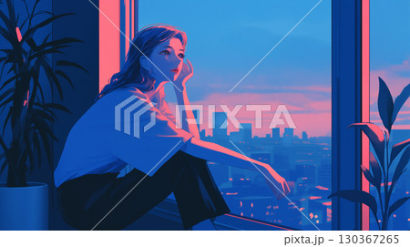 1980年代の都会的なムードを感じさせるシティポップイラスト、夕暮れ時に窓辺から外を見つめる女性 130367265