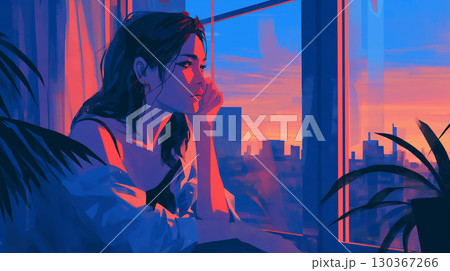 1980年代の都会的なムードを感じさせるシティポップイラスト、夕暮れ時に窓辺から外を見つめる女性 130367266