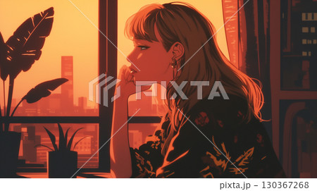 1980年代の都会的なムードを感じさせるシティポップイラスト、夕暮れ時に窓辺から外を見つめる女性 1980年代の都会的なムードを感じさせるシティポップイラスト、夕暮れ時に窓辺から外を見つめる女性 130367268
