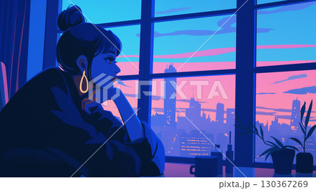 1980年代の都会的なムードを感じさせるシティポップイラスト、夕暮れ時に窓辺から外を見つめる女性 130367269