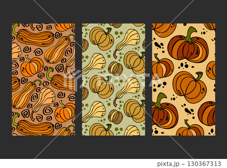 Vector autumn pattern collection with different pumpkins, squashes and zucchini for decoration and printing of clothes, wallpaper, packaging design. Vintage ornaments with vegetables, zigzags, spots. Vector autumn pattern collection with different pumpkins, squashes and zucchini for decoration and printing of clothes, wallpaper, packaging design. Vintage ornaments with vegetables, zigzags, spots. 130367313