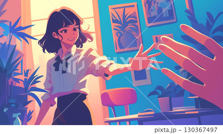 レトロな美学とシティポップの世界観にインスパイアされた1980年代風イラスト、女性が活発に挨拶する レトロな美学とシティポップの世界観にインスパイアされた1980年代風イラスト、女性が活発に挨拶する 130367497