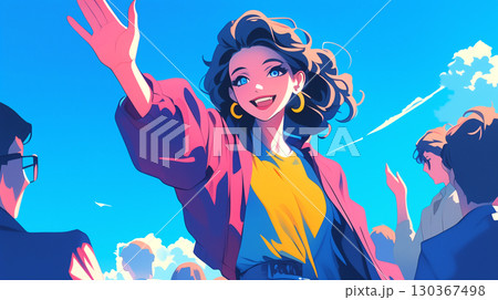 1980年代のノスタルジックなシティポップの空気感を感じさせる夕暮れの街角、女性が元気よく挨拶する 130367498