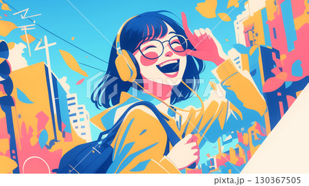 レトロな美学とシティポップの世界観にインスパイアされた1980年代風イラスト、女性が活発に挨拶する レトロな美学とシティポップの世界観にインスパイアされた1980年代風イラスト、女性が活発に挨拶する 130367505