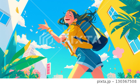 シティポップの華やかさとレトロな美学を融合した1980年代風イラスト、明るい笑顔で挨拶する女性の姿 130367508