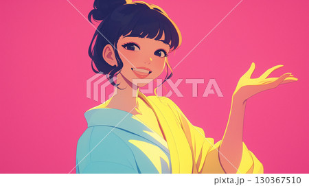 シティポップの華やかさとレトロな美学を融合した1980年代風イラスト、明るい笑顔で挨拶する女性の姿 130367510