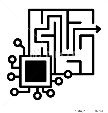 最適な答えをAIが導くことを表すアイコン。迷路には正解があります。そばには半導体があります。 130367610