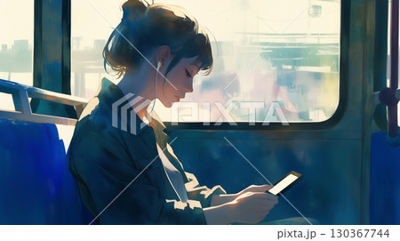 バスに揺られながらスマホを見る女性を水彩で描いたアートイラスト、淡い色彩と柔らかなタッチが穏やかな日 130367744