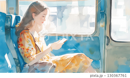 柔らかな水彩表現で描かれた女性の姿、バスの窓際でスマートフォンを見つめるシーンを印象的に切り取った 130367761