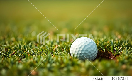 Close-up of golf ball on green grass near a divot, detailed sports equipment image for golf course 130367831