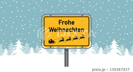 place sign with german text merry christmas in snowy winter landscape vector illustration 130367837