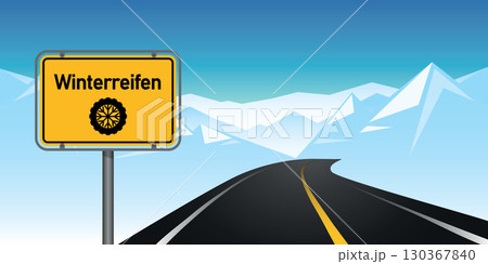 straight asphalted road in winter landscape with winter check traffic sign vector illustration 130367840