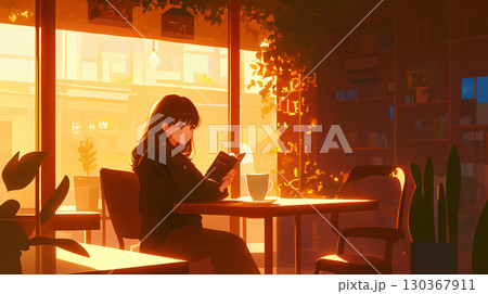 本を読んでいる女性をカフェの中で描いたイラスト。椅子に座りリラックスした表情で夢心地な時間を過ごす 130367911