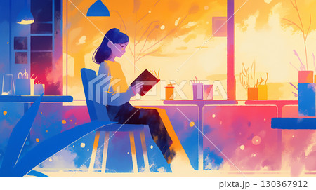 本を読んでいる女性をカフェの中で描いたイラスト。椅子に座りリラックスした表情で夢心地な時間を過ごす 130367912