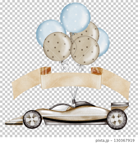Race car watercolor illustration. Race car in pastel colors with balloons and with the inscription happy birthday on a white background. Ideal for children's textiles, stickers and baby shower design Race car watercolor illustration. Race car in pastel colors with balloons and with the inscription happy birthday on a white background. Ideal for children's textiles, stickers and baby shower design 130367919