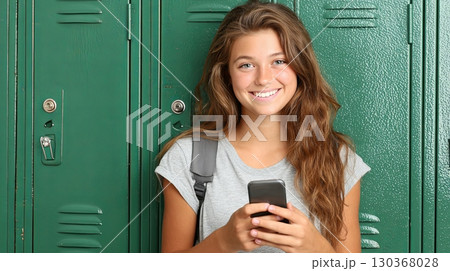 Smiling Teen Girl Using Smartphone by School Lockers Smiling Teen Girl Using Smartphone by School Lockers 130368028