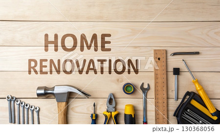 Home Renovation Tools on Wooden Background Home Renovation Tools on Wooden Background 130368056