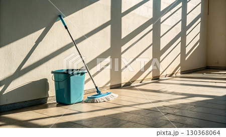 Sunlit Floor with Mop and Bucket in Minimalist Space Sunlit Floor with Mop and Bucket in Minimalist Space 130368064