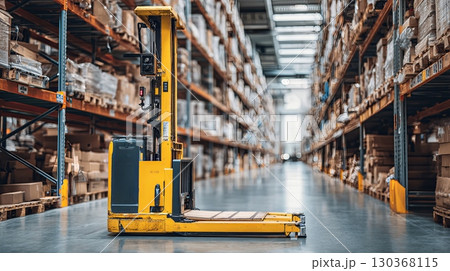 Automated Forklift in Modern Warehouse Aisle 130368115