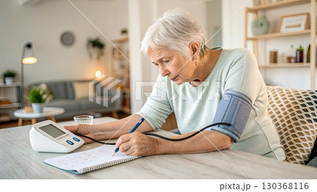 Senior Woman Monitoring Pressure at Home Senior Woman Monitoring Pressure at Home 130368116