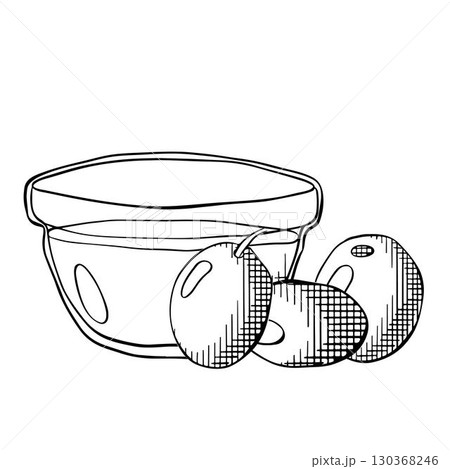 Virgin Olive Oil in Transparent Glass Bowl Olive oil bowl composition. Vector graphic line ink Black and white illustration. Olive oil, bowl, berries for logo, web, package, sticker. Virgin Olive Oil in Transparent Glass Bowl Olive oil bowl composition. Vector graphic line ink Black and white illustration. Olive oil, bowl, berries for logo, web, package, sticker. 130368246