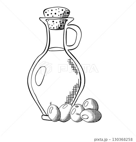 Bottle of olive oil with an olive sprig. Olive oil bottle composition. Vector graphic line ink Black and white illustration. Olive oil, bottle, branch, berries, green leaves Greek art botanical sign. Bottle of olive oil with an olive sprig. Olive oil bottle composition. Vector graphic line ink Black and white illustration. Olive oil, bottle, branch, berries, green leaves Greek art botanical sign. 130368258