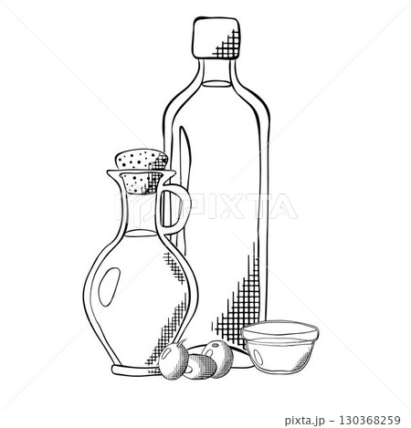Vector olive oil and olives bottles line art illustration, graphic Black and white ink art. Elegant line botanical illustration. Great for any designs, textile, art, package cosmetic, textile, cards. Vector olive oil and olives bottles line art illustration, graphic Black and white ink art. Elegant line botanical illustration. Great for any designs, textile, art, package cosmetic, textile, cards. 130368259