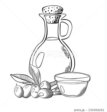 Vector olive oil and olives, bowl line art illustration, graphic line Black and white ink art. Elegant line botanical illustration. designs, textile, art, walls, package Sample poster, invitation 130368262