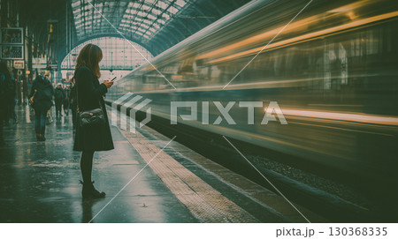 駅のホームに立ち、スマートフォンで時間を過ごす女性を夢心地な雰囲気で撮影した写真。日常のひととき 130368335