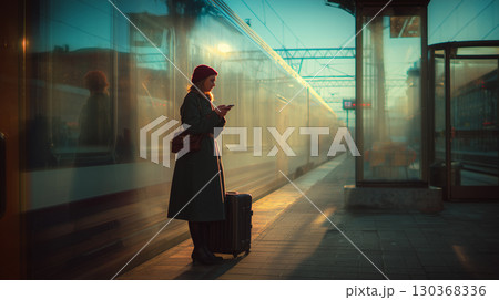駅のホームに立ち、スマートフォンで時間を過ごす女性を夢心地な雰囲気で撮影した写真。日常のひととき 130368336