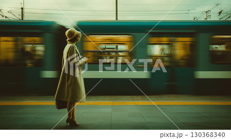 都会の駅で電車を待つ女性がスマートフォンを見つめる姿を夢心地な雰囲気で切り取った写真。落ち着いた空気 130368340