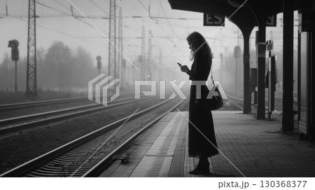 スマートフォンを見ながら駅で電車を待つ女性を写した写真。夢心地な雰囲気と都会の日常感が調和した 130368377