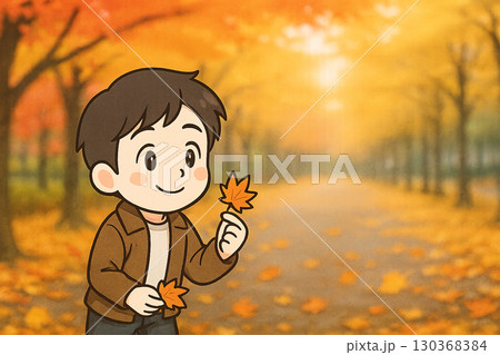 紅葉の落ち葉を拾う男性キャラクターの秋イラスト 130368384