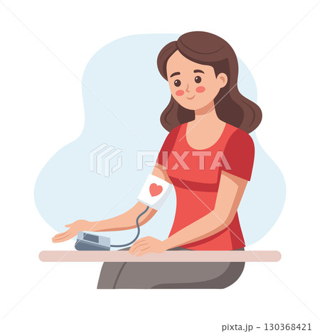 Young woman measures blood pressure. Woman with a tonometer. Illustration. 130368421