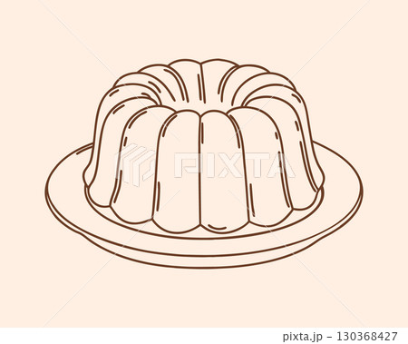 Sweet bundt cake on a plate. Line art illustration. Sweet bundt cake on a plate. Line art illustration. 130368427