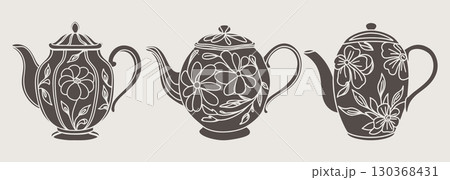 Set of teapot silhouettes with floral ornament. Hand drawn illustration. 130368431
