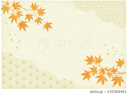 オレンジの紅葉と和柄の背景_横 オレンジの紅葉と和柄の背景_横 130368461