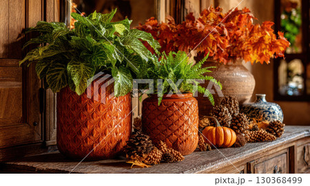 Autumn themed decor with vibrant foliage, pinecones, and pumpkins in textured pots on rustic wooden surface 130368499