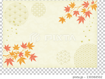 オレンジ、赤の紅葉と和柄の背景_横 130368502