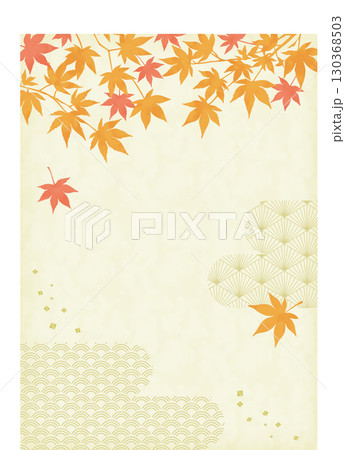 オレンジ、赤の紅葉と和柄の背景_縦 オレンジ、赤の紅葉と和柄の背景_縦 130368503