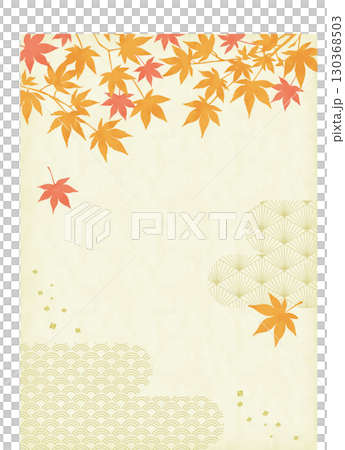 Orange and red autumn leaves and Japanese pattern background_Vertical 130368503