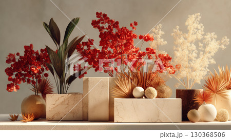 Aesthetic arrangement of red and beige dried flowers with geometric shapes creates serene atmosphere Aesthetic arrangement of red and beige dried flowers with geometric shapes creates serene atmosphere 130368506