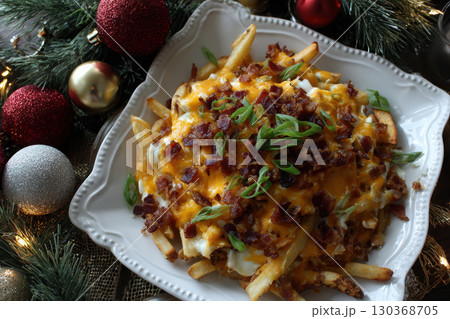 Delicious loaded fries topped with cheese and bacon for holiday festivities Delicious loaded fries topped with cheese and bacon for holiday festivities 130368705