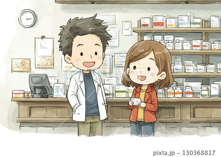 薬局の窓口で薬剤師が患者に処方薬を笑顔で渡しているシーン 130368817