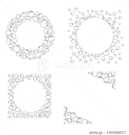 Hand drawn graphic line illustrations of blueberry circle round frames set. vector Detailed frame with blueberries. Applicable for menu, brochures, flyers. 130369057