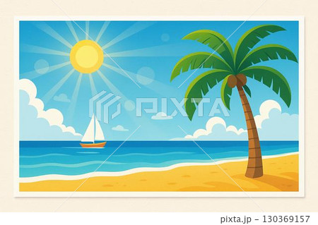 夏　海　ヤシの木　カモメ　ヨット 130369157