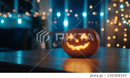 Halloween pumpkin head jack o lantern on wooden...のイラスト素材 [130369345 ...