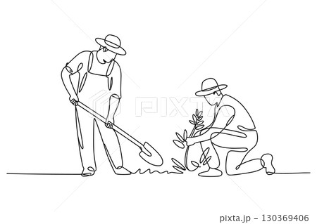 One Continuous Line Drawing of Two Farmers Working Together in a Field 130369406