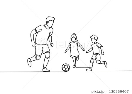 Single Continuous Line Drawing of a Father and His Two Children Playing Football 130369407