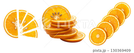 Fresh oranges and their juicy slices on a white background. The image is perfect for advertising, juice packaging, or cooking blogs. 130369409